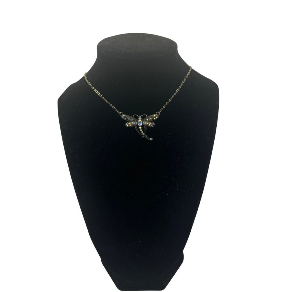Dragonfly Pendant Necklace With Rhinestones & Adjustable Chain